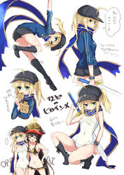  2girls ahoge artoria_pendragon_(fate) bad_id bad_pixiv_id bare_shoulders baseball_cap bikini black_bikini black_footwear black_hair black_headwear black_shorts blue_jacket blue_scarf blush boots breasts closed_eyes fate/grand_order fate_(series) hair_through_headwear hat himitsucalibur_(fate) jacket knee_boots kodamari legs long_hair long_sleeves looking_at_viewer medium_breasts multiple_girls multiple_views mysterious_heroine_x_(fate) oda_nobunaga_(fate) oda_nobunaga_(swimsuit_berserker)_(fate) oda_nobunaga_(swimsuit_berserker)_(second_ascension)_(fate) one-piece_swimsuit open_mouth peaked_cap rojiura_satsuki:_chapter_heroine_sanctuary scarf shorts simple_background small_breasts smile swimsuit sword thought_bubble track_jacket translation_request weapon white_background white_one-piece_swimsuit 