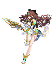  absurdres aegis_sword_(xenoblade) armored_boots black_bow boots bow breasts brown_hair cleavage cosplay dress elbow_gloves female floating_hair full_body gloves hairband hairbow halterneck highres holding holding_sword holding_weapon long_hair medium_breasts mythra_(xenoblade) mythra_(xenoblade)_(cosplay) nanami_(virtuareal) nijisanji open_mouth running running_towards_viewer simple_background smile solo standing standing_on_one_leg sword thigh_strap virtual_youtuber virtuareal weapon white_background white_dress white_gloves xenoblade_chronicles_(series) xenoblade_chronicles_2 xintianou 