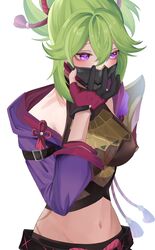  absurdres bare_shoulders black_mask blush breasts cleavage female fingerless_gloves fishnets genshin_impact gloves green_hair half-closed_eyes hand_on_mask highres jacket kuki_shinobu layered_gloves long_sleeves looking_away mask midriff mouth_mask navel nightowl_snr ninja ninja_mask partially_fingerless_gloves purple_eyes purple_jacket shorts shy simple_background solo white_background 