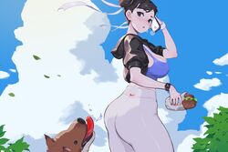  absurdres apple_watch ass blue_sky blue_sports_bra breasts brown_hair canine casual cellphone chimjoljol_(cute_goblin) chun-li cleavage cloud cloudy_sky commentary covered_nipples day double_bun english_commentary female food from_behind hair_bun hair_ribbon high-waist_pants highres holding holding_phone korean_commentary large_breasts looking_back mixed-language_commentary nike_(company) outdoors pants phone ribbon sandwich sky smartphone smartwatch solo_focus sports_bra standing strap_gap street_fighter talking_on_phone thick_thighs thighs tight_clothes tight_pants watch wristwatch yoga_pants 