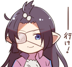  arito_arayuru black_hair blue_eyes commentary_request eyepatch female granblue_fantasy harvin jacket long_hair looking_at_viewer lowres lunalu_(granblue_fantasy) pointy_ears simple_background smile solo track_jacket translation_request white_background 