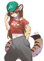  2022 absurd_res anthro baseball_cap blep bottomwear breasts brown_body brown_eyes brown_fur brown_hair clothed clothing digital_media_(artwork) felid female female_anthro fur hair hand_in_pocket hat headgear headwear hi_res kemono konatsu-chan mammal midriff multicolored_body multicolored_fur multicolored_tail nachiwanko navel off_shoulder one_eye_closed pantherine pants pockets shaded shirt signature simple_background solo tail tiger tomboy tongue tongue_out topwear white_background white_body white_fur wink yellow_body yellow_fur 