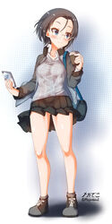  aquaegg artist_name ass_visible_through_thighs bag bare_legs black_footwear black_skirt blue_eyes blue_jacket blush breasts cellphone closed_eyes collarbone collared_shirt cup drinking_straw female full_body girls_und_panzer glasses grey_hair grey_legwear grey_sweater hair_between_eyes halftone halftone_background handbag highres holding holding_cup holding_phone jacket keizoku_military_uniform keizoku_school_uniform legs long_sleeves looking_to_the_side medium_breasts miniskirt open_clothes open_jacket phone pleated_skirt round_eyewear rumi_(girls_und_panzer) school_uniform shirt short_hair skirt smile socks standing striped striped_shirt sweater thighs track_jacket twitter_username vertical-striped_shirt vertical_stripes white_shirt 