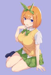  :d bangs banned_artist black_legwear blue_background blue_eyes blush bow bowtie breasts collared_shirt commentary_request eyebrows_visible_through_hair female full_body go-toubun_no_hanayome green_bow green_neckwear green_ribbons green_skirt hair_ribbon hand_on_own_face highres ikomochi kneehighs large_breasts miniskirt nakano_yotsuba open_mouth orange_hair pleated_skirt ribbon school_uniform shirt short_hair short_sleeves simple_background sitting skirt smile solo sweater_vest white_shirt wing_collar yokozuwari 