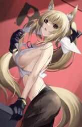  absurdres alternate_costume animal_ear_fluff animal_ears arknights bare_arms bare_shoulders black_ribbon blemishine_(arknights) blonde_hair breasts brown_eyes brown_pants commentary cowboy_shot crop_top dutch_angle female hair_ribbon highres large_breasts long_hair midriff open_mouth pants ponytail ribbon sideboob solo standing tail tank_top very_long_hair white_tank_top yan_lie 