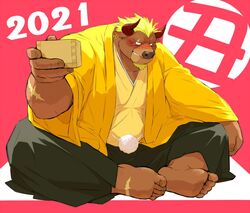  2021 anthro blush bovid bovine brown_body brown_fur cattle clothed clothing fur hi_res horn humanoid_hands kemono looking_at_viewer male mammal musclegut muscular overweight overweight_anthro overweight_male scar sessa sitting solo 