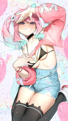  aqua_bow aqua_hair bikini black_bikini black_choker blue_shorts blush bow bracelet breasts choker confetti cropped_hoodie cross-laced_clothes cross-laced_sleeves denim denim_shorts edie_crop_hoodie female ghost_hair_ornament grin hairbow high-waist_shorts highres hood hoodie indie_virtual_youtuber jewelry long_hair long_sleeves looking_at_viewer mayuri_kaichou medium_breasts meme_attire nose_blush pink_hair purple_eyes reiyu_guigui short_shorts shorts side_ponytail smile solo swimsuit virtual_youtuber 