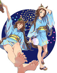  animal_ears animal_print arm_up barefoot blue_background blue_eyes blue_kimono brown_hair commentary_request crossed_legs ear_ornament feet female foot_focus hand_fan heel_up holding holding_fan holding_shoes horse_ears horse_girl horse_tail horseshoe_print japanese_clothes kimono legs long_hair long_sleeves looking_at_viewer misu_kasumi mr._c.b._(umamusume) multiple_views okobo open_mouth paper_fan print_kimono sandals shoes simple_background smile soles spread_toes tail toenails toes tracen_ondo_outfit_(umamusume) two-tone_background uchiwa umamusume unworn_shoes white_background 