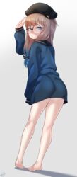  absurdres artist_name ass barefoot beret black_hat black_sailor_collar blue_bow blue_hair blue_shirt blunt_bangs blush born-to-die bottomless bow brown_hair commission dutch_angle fate/grand_order fate_(series) female from_behind full_body genderswap_(mtf) glasses gradient_background gradient_hair grey_background hairbow half-closed_eyes hand_up hat highres kneepits legs light_blush long_hair long_sleeves looking_at_viewer looking_back mole mole_under_eye multicolored_hair nemo_(fate) non-web_source open_mouth oversized_clothes oversized_shirt professor_nemo_(fate) round_eyewear rule_63 sailor_collar shading_eyes shiny_skin shirt sidelocks signature simple_background sleeves_past_fingers sleeves_past_wrists solo standing two-tone_hair 