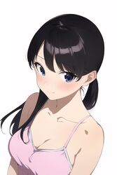  ai-generated bad_id bad_pixiv_id black_hair blue_eyes breasts cleavage closed_mouth doraemon female heart heart-shaped_pupils long_hair looking_at_viewer md5_mismatch medium_breasts minamoto_shizuka mr_tangsuyuk nai_diffusion pink_shirt resolution_mismatch shirt simple_background sleeveless smile solo source_larger spaghetti_strap symbol-shaped_pupils upper_body white_background 