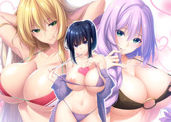  3girls amamiya_imari aqua_eyes areolae arms_behind_head arms_up between_breasts bikini black_hair blonde_hair braid breasts choco_chip collarbone green_eyes hair_over_shoulder halterneck huge_breasts light_purple_hair long_hair long_sleeves medium_hair multiple_girls nagaoka_rito navel nee_nee_nee o-ring o-ring_bikini off_shoulder official_art parted_lips photoshop_(medium) purple_bikini purple_eyes smile strap_pull swimsuit takasu_yoshika 