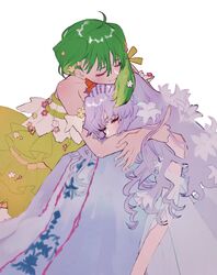  2girls closed_eyes commentary dress eyelashes flower green_hair hair_flower hair_ornament highres hug long_hair macross macross_frontier macross_frontier:_toki_no_meikyu multiple_girls pink_hair ranka_lee sechi_(stst1850) sheryl_nome strapless strapless_dress symbol-only_commentary white_background white_dress yellow_dress 