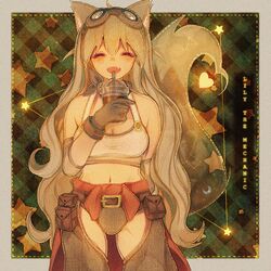  animal_ear_fluff animal_ears bare_shoulders belt belt_buckle black_gloves blue_background blush border breasts brown-framed_eyewear brown_belt buckle buttons character_name cleavage closed_eyes clothes_around_waist commentary constellation crescent cup detached_sleeves disposable_coffee_cup disposable_cup drink drinking drinking_straw english_commentary female fox_ears fox_tail gloves goggles goggles_on_head grey_border grey_pantyhose heart holding holding_drink hoshi-pan jacket jacket_around_waist lily_the_mechanic long_hair long_sleeves lost_pause medium_breasts midriff navel oerba_yun_fang open_mouth pantyhose plaid plaid_background pocket red_jacket side_slit smile starry_background tail tank_top transparent very_long_hair white_hair white_sleeves white_tank_top 