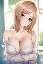  bare_shoulders blush breasts cleavage collarbone covered_nipples female head_tilt highres holding_own_arm idolmaster idolmaster_shiny_colors large_breasts light_brown_hair looking_at_viewer marinesnow medium_hair morning naked_shirt non-web_source open_clothes open_shirt sakuragi_mano shirt solo sunlight upper_body white_shirt yellow_eyes 