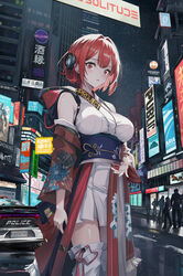  6+others absurdres breasts car city detached_sleeves dodge_(company) dodge_charger double-parted_bangs female highres hood hood_down indy_k japanese_clothes looking_at_viewer medium_breasts motor_vehicle multiple_others night obi original police_car red_eyes red_hair sash short_hair sky solo_focus star_(sky) starry_sky thighhighs white_thighhighs 