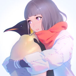  1:1 ambiguous_gender avian bird clothed clothing duo emperor_penguin female feral gloves hair handwear hug hugging_another hugging_from_behind human kuvshinov-ilya mammal penguin purple_eyes quadruped red_scarf scarf silver_hair simple_background white_background 