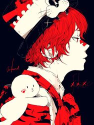  1boy 3kuma bandaid bandaid_on_face bandaid_on_nose black_background bow coat commentary fangs from_side fukase half-closed_eyes hat highres male_focus o3o on_shoulder paw_print point_(vocaloid) profile red_bow red_eyes red_hair red_scarf scarf signature upper_body vocaloid whiskers white_coat 