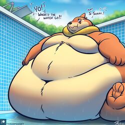  1:1 2022 anthro bodily_fluids buizel dialogue english_text fur generation_4_pokemon immobile looking_up male morbidly_obese morbidly_obese_anthro morbidly_obese_male navel nervous_sweat nintendo nude obese obese_anthro obese_male outside overweight overweight_anthro overweight_male patreon patreon_logo pokemon pokemon_(species) puffed_cheeks sitting solo sweat sweatdrop swimming_pool tanio text wet 