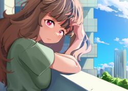  balcony blue_sky blunt_bangs blush breasts brown_hair building day female green_shirt highres idolmaster idolmaster_cinderella_girls kamiya_nao large_breasts long_hair looking_at_viewer looking_to_the_side messy_hair outdoors red_eyes shirt sky solo upper_body xion_(pulilulu) 