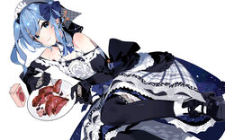  adapted_costume alternate_costume apple apple_juice back_bow bare_shoulders beret black_gloves black_pantyhose blue_eyes blue_hair blue_skirt bow chewing commentary dress drinking_straw earrings eating enmaided female flower food fork fruit gloves hairbow hat heart_(organ) high_heels highres holding holding_fork holding_plate hololive hoshimachi_suisei jewelry juice juice_box lace lace-trimmed_legwear lace_gloves lace_trim looking_at_viewer lying maid maid_headdress mania_(fd6060_60) mary_janes meat medium_hair off-shoulder_dress off_shoulder on_side pantyhose plaid plaid_skirt plate romaji_text rose shoes side_ponytail simple_background skirt solo star_(symbol) star_earrings star_in_eye starry_sky_print strapless strapless_dress symbol_in_eye virtual_youtuber wavy_hair white_background white_flower white_rose yakiniku 