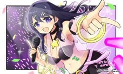  :d armpits bare_shoulders belt black_shorts blue_hair breasts cleavage female fire_emblem hair_ornament hairclip holding holding_microphone long_hair looking_at_viewer microphone navel oribe_tsubasa purple_eyes shorts smile solo tokyo_mirage_sessions_fe twitter_username yukia_(firstaid0) 