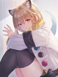  :3 animal_ear_fluff animal_ears arknights arms_on_knees black_nails black_thighhighs blonde_hair commentary eyelashes female fingernails from_side grey_shirt hair_ornament hairclip highres jacket knees_up legs_together long_fingernails looking_at_viewer looking_to_the_side nagute nail_polish navel open_clothes open_jacket purple_eyes shirt short_hair sitting smile solo thighhighs thighs utage_(arknights) waving white_jacket x_hair_ornament zettai_ryouiki 