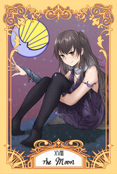  absurdres anklet black_pantyhose bracelet brown_eyes brown_hair commentary_request dress earrings english_text female girls&#039;_frontline highres jewelry long_hair looking_at_viewer moon night night_sky no_shoes official_alternate_costume one_side_up pantyhose purple_dress ring roman_numeral scar scar_across_eye scar_on_face scarf simple_background sitting sky sleeveless sleeveless_dress solo stigmamyu tarot tarot_(medium) the_moon_(tarot) ump45_(diamond_flower)_(girls&#039;_frontline) ump45_(girls&#039;_frontline) 