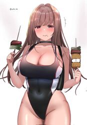  black_choker black_one-piece_swimsuit black_towel breasts brown_hair chewing choker closed_mouth competition_swimsuit corrupted_twitter_file covered_navel eating female food food_on_face goddess_of_victory:_nikke highleg highleg_swimsuit highres holding holding_food large_breasts legs light_brown_hair long_hair looking_at_viewer official_alternate_costume one-piece_swimsuit orange_eyes rapi_(classic_vacation)_(nikke) rapi_(nikke) rufei_bot shiny_skin solo standing swimsuit thighs towel towel_around_neck twitter_username two-tone_swimsuit 