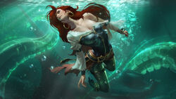  armor belt black_belt boots bracelet breasts brown_pants cleavage commentary earrings female freckles high_heel_boots high_heels highres hoop_earrings jewelry large_breasts league_of_legends long_hair long_sleeves miss_fortune_(league_of_legends) pants qi_mang_(qimang) red_hair red_shirt shiny_skin ship shirt single_bare_shoulder solo symbol-only_commentary tentacle underwater watercraft white_shirt 