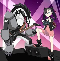  \n/ absurdres asymmetrical_bangs backpack bag black_choker black_hair black_jacket choker closed_mouth double_\n/ dress earrings electric_guitar eyelashes female flowers-imh green_eyes guitar hair_ribbon highres instrument jacket jewelry leg_up long_sleeves marnie_(pokemon) obstagoon open_clothes open_jacket pink_dress pokemon pokemon_(creature) pokemon_swsh red_ribbon ribbon 