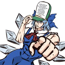  absurdres araki_hirohiko_(style) blue_bow blue_dress blue_hair bow cirno dress english_text female foreshortening hat highres ice ice_wings jojo_no_kimyou_na_bouken jojo_pose meme simple_background solo speech_bubble touhou white_background wings women_want_me_fish_fear_me_(meme) yenyen 