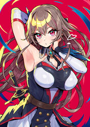  armpits belt breasts brown_hair detached_sleeves dress female furen_e_lustario furen_e_lustario_(1st_costume) hair_between_eyes highres large_breasts long_hair looking_at_viewer muco_lita nijisanji parted_lips presenting_armpit red_background red_eyes sheath sheathed simple_background solo sword virtual_youtuber weapon 