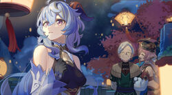  absurdres bare_shoulders bell black_gloves blue_hair breasts closed_eyes detached_sleeves ganyu_(genshin_impact) genshin_impact gloves grey_hair hand_on_own_chest hat highres horns lantern long_hair looking_at_another looking_to_the_side madame_ping_(genshin_impact) medium_breasts neck_bell night paper_lantern pink_hair purple_eyes smile tang_fen_yifu upper_body white_sleeves yanfei_(genshin_impact) 