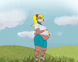  4_fingers 4_toes absurd_res anthro bear big_breasts black_nose blonde_hair bottomwear breasts brown_bear brown_body brown_fur cargo_shorts cheek_tuft clothing cloud deta&#039;s_sagas detan eyelashes facial_tuft feet female field fingers footwear fur graphic_tee grass hair hand_on_belly hi_res hill mammal margaret_bodark pink_eyes plant pregnant pregnant_anthro pregnant_female sandals shirt shorts sky skyscape small_tail smile smiley_face solo space_cyan tail tan_body tan_fur toes topwear tuft twintails undershirt ursine 