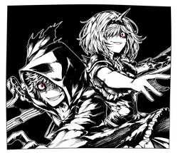  1boy alter_ego_conjurer_(granblue_fantasy) black_background crazy_eyes crazy_smile djeeta_(granblue_fantasy) female gran_(granblue_fantasy) granblue_fantasy grin hair_over_one_eye hairband hood hood_up hoodie looking_at_viewer monochrome open_mouth parted_lips shaded_face sharp_teeth smile spiked_hairband spikes sword teeth weapon zanki 