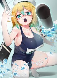  bare_shoulders blonde_hair blue_one-piece_swimsuit blush book breasts cleavage collarbone dai_yasude female glasses green_eyes hat i-8_(kancolle) kantai_collection large_breasts long_hair looking_at_viewer low_twintails name_tag no_shoes one-piece_swimsuit open_mouth red-framed_eyewear sailor_hat school_swimsuit semi-rimless_eyewear solo squatting swimsuit thighhighs thighs torpedo twintails under-rim_eyewear water_drop white_thighhighs 