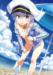  beach beach_umbrella breasts day feet_out_of_frame female grey_hair hand_on_own_thigh hat highres hood island_(game) jacket kuuchuu_yousai leaning_forward long_hair long_sleeves looking_at_viewer naked_jacket navel neck_ribbon non-web_source off_shoulder official_art ohara_rinne open_clothes open_jacket outdoors peaked_cap photoshop_(medium) ribbon shoes small_breasts solo standing umbrella unworn_shoes water yellow_eyes 