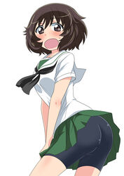  absurdres akiyama_yukari ass bike_shorts black_neckerchief black_shorts blouse blush brown_eyes brown_hair commentary cowboy_shot female from_side frown girls_und_panzer green_skirt highres leaning_forward long_sleeves looking_at_viewer messy_hair miniskirt neckerchief ooarai_school_uniform open_mouth pleated_skirt sailor_collar school_uniform serafuku shirt short_hair shorts simple_background skirt skirt_tug solo standing sweatdrop wakku_kan white_background white_sailor_collar white_shirt 