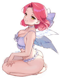  artist_name ass barefoot bikini blush bow bow_bikini breasts choker cleavage collarbone commentary curly_hair eden_(shiroki_yuutsu) female flower-shaped_hair forehead frills from_side full_body grin heart heart_tattoo large_breasts looking_at_viewer medium_hair original parted_hair pink_hair seiza sitting smile soles solo swimsuit symbol-only_commentary tattoo thong_bikini toes vanilla_(eden_(shiroki_yuutsu)) white_choker wings yellow_eyes 