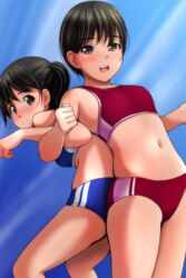  2girls absurdres ass-to-ass assisted_stretching bare_arms bare_legs bikini black_hair blue_bikini blue_buruma blue_sports_bra blush brown_eyes buruma closed_mouth commentary_request highres looking_at_viewer matsunaga_kouyou multiple_girls navel open_mouth original ponytail red_bikini red_buruma red_sports_bra smile sports_bikini sports_bra stomach swimsuit thighs two-tone_sports_bra 