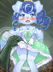  absurd_res alternative_fashion ambiguous_gender anthro blue_body blue_eyes blue_fur blue_hair blush blush_lines book bottomwear canid canine canis clothed clothing clothing_lift crown curled_hair domestic_dog dress duel_monster duo embarrassed fairy_tail-rella fangs female fur hair headgear hi_res hime_lolita j-fashion kemono lolita_(fashion) looking_down lopelilo low-angle_view mammal open_mouth princess questionable_consent ribbons royalty shocked skirt skirt_lift teeth upskirt yu-gi-oh! 