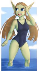  2020 accessory alpha_channel blue_eyes breasts brown_hair clothing eyebrows eyelashes female fragile-frigil goblin green_body green_skin hair hair_accessory hair_tie hand_on_head hi_res humanoid humanoid_pointy_ears long_hair not_furry one-piece_swimsuit open_mouth open_smile runescape smile solo standing swimwear teeth twintails_(hairstyle) water zanik 