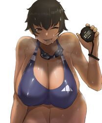  absurdres bare_shoulders black_hair breasts brown_eyes cleavage coach competition_school_swimsuit covered_nipples curvy dark-skinned_female dark_skin female goggles goggles_around_neck highres huge_breasts leaning_forward mature_female one-piece_swimsuit one_eye_closed open_mouth original puzenketsu school_swimsuit short_hair simple_background solo stopwatch swimsuit tan thighs tomboy waan_(puzenketsu) watch water_drop wet white_background 