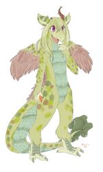  2017 3:5 3_fingers 3_toes ambiguous_gender anthro broken_horn brown_body brown_feathers churroshiba claws dessert doughnut dragon fangs feathers featureless_crotch feet fingers food fur green_body green_fur green_hair hair hi_res horn hybrid kyisha mythological_creature mythological_scalie mythology open_mouth pastry pink_eyes scales scalie simple_background solo tail talons teeth toes tongue white_background 