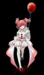  arc_the_lad arc_the_lad_ii balloon bishoujo_terror breasts choko_(arc_the_lad) cosplay dress female full_body genderswap_(mtf) gloves highres izumi_kouyou looking_at_viewer pennywise pennywise_(cosplay) protected_link red_hair rule_63 short_hair short_twintails simple_background skirt smile solo striped thighhighs twintails 