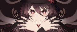  black_headwear black_nails brown_hair female genshin_impact highres hu_tao_(genshin_impact) jewelry long_sleeves nail_polish portrait red_eyes ring rktsm smile solo thumb_ring 