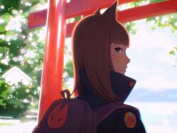  animal_humanoid backpack canid canid_humanoid canine canine_humanoid clothed clothing eyebrows female fox_humanoid hi_res humanoid kuvshinov-ilya looking_at_viewer looking_back looking_back_at_viewer mammal mammal_humanoid plant rear_view sky smile smiling_at_viewer solo torii tree 