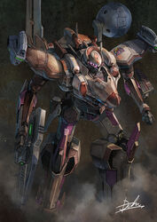  armored_core armored_core_3 clenched_hand extra_eyes glowing glowing_eyes gun highres holding holding_gun holding_weapon hukutuuprunes looking_ahead mecha mecha_focus pink_eyes robot rouge_(armored_core) science_fiction signature solo weapon 