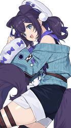  :d absurdres aiba_uiha aiba_uiha_(2nd_costume) animal_ears aqua_eyes black_hair black_shorts blue_bow blue_neckwear blue_sweater blush bow braid dog_ears dog_tail feet_out_of_frame female fur_trim fuubuu hair_ornament hairpin hat highres looking_at_viewer lying nijisanji oerba_yun_fang off-shoulder_sweater off_shoulder on_side one_side_up open_mouth pom_pom_(clothes) sailor_hat shorts sidelocks simple_background smile solo sweater tail virtual_youtuber white_background white_hat wide_sleeves 