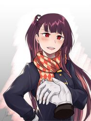  black_coat blush checkered_clothes checkered_scarf coat commentary_request female girls&#039;_frontline gloves hair_ornament hand_on_hand hand_on_own_hip highres jewelry korean_commentary long_hair looking_at_viewer one_side_up open_mouth purple_hair red_eyes ring scarf simple_background smile solo stigmamyu wa2000_(date_in_the_snow)_(girls&#039;_frontline) wa2000_(girls&#039;_frontline) white_gloves 